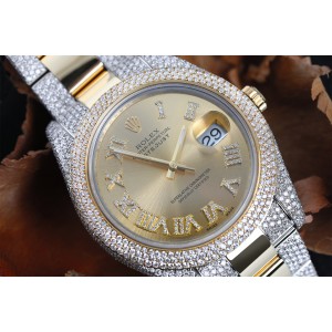 Rolex Datejust 41 Stainless Steel and 18k Yellow Gold Custom Diamond Watch Champagne Diamond Dial with Roman Numerals