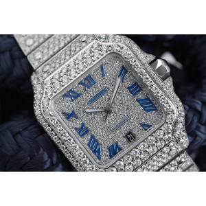 Cartier Santos De Cartier Large Model WSSA0018 Custom Diamond Stainless Steel Watch Pave Blue Roman Numeral Dial 