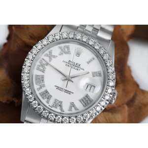 Rolex 36mm Datejust Custom Diamond Bezel, White Diamond Roman Dial 16014