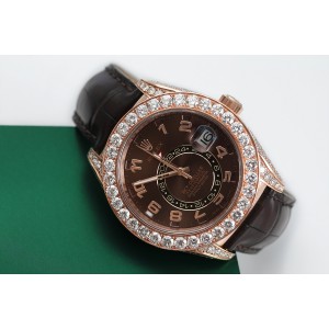 Rolex Sky Dweller 18Kt Rose Gold Custom Diamond Watch with Chocolate Arabic Dial Brown Leather Strap 326135
