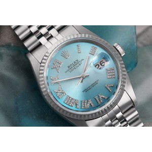 Rolex 36mm Datejust Stainless Steel Ice Blue Dial Diamond Roman Numerals Jubilee Band 16014