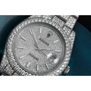 Rolex Mens Datejust II 41mm 116300 Stainless Steel White Index Pave Diamond Dial Fully Iced Out Watch 