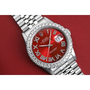 Rolex 36mm Datejust Custom Diamond Bezel, Red Diamond Roman Dial 16014