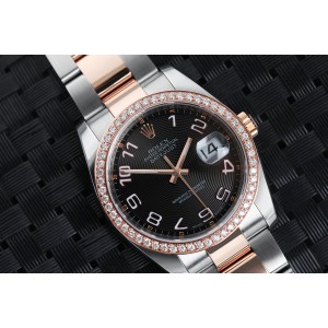 Rolex Datejust 36mm Two Tone Rose Watch Oyster Band Custom Diamond Bezel Black Dial