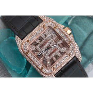 Cartier Santos 100 Rose Gold 33mm Custom Diamond Watch Brown Leather Strap #2879