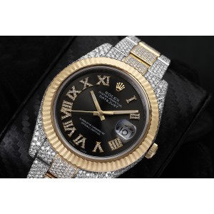 Rolex Datejust 41 Two Tone Yellow Custom Diamond Watch Fluted Bezel Dark Grey Diamond Roman Numbers Dial