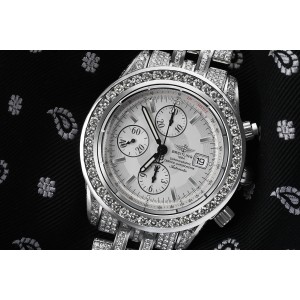 Breitling Chronomat Evolution  Custom Diamond Stainless Steel Watch White Dial 