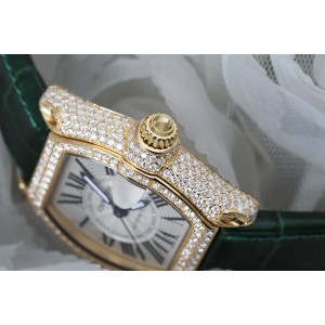 Cartier Roadster Custom Diamond Yellow Gold Ladies Watch W62018Y5 Green Leather Strap 