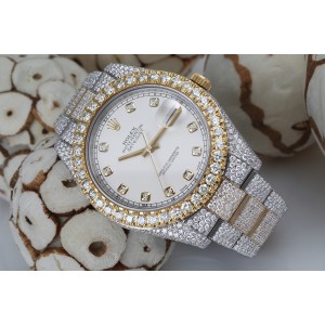 Rolex Datejust 41 Stainless Steel and 18k Yellow Gold Custom Fully Iced Out Watch White Diamond Dial 