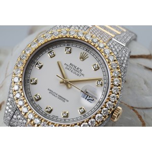 Rolex Datejust 41 Stainless Steel and 18k Yellow Gold Custom Fully Iced Out Watch White Diamond Dial 