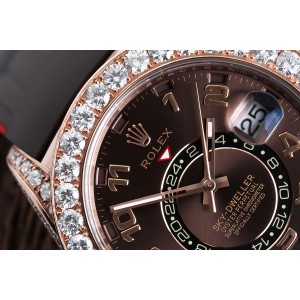 Rolex Sky Dweller Custom Diamond Watch 18Kt Rose Gold  with Chocolate Arabic Dial Rubber Strap 