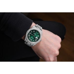 Rolex Mens Datejust II 41mm  Stainless Steel Green Roman Diamond Dial Custom Fully Iced Out Watch 