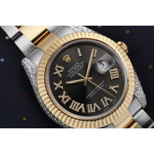 Rolex Datejust 41 Stainless Steel and 18k Yellow Gold Watch Custom Grey Roman Diamond Dial and Diamond Case 