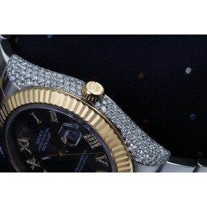Rolex Datejust 41 Stainless Steel and 18k Yellow Gold Watch Custom Grey Roman Diamond Dial and Diamond Case 