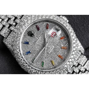 Rolex Datejust 36mm Stainless Steel Rainbow Index Pave Diamond Dial Fully Iced Out Watch Jubilee Band