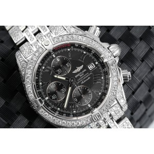 Breitling Chronomat Evolution A13356 Custom Diamond Stainless Steel Watch Black Dial 