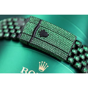 Rolex Mens Datejust 41mm Roman Numerals Custom Black PVD Watch with Green Emeralds Unique Piece