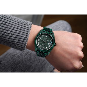 Rolex Mens Datejust 41mm Roman Numerals Custom Black PVD Watch with Green Emeralds Unique Piece
