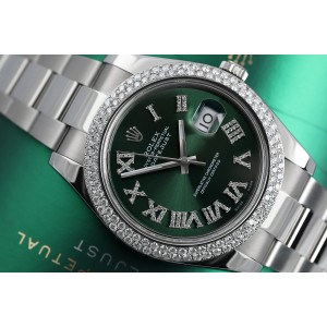 Rolex Datejust 41mm Green Roman Numeral Diamond Dial SS Watch Diamond Bezel
