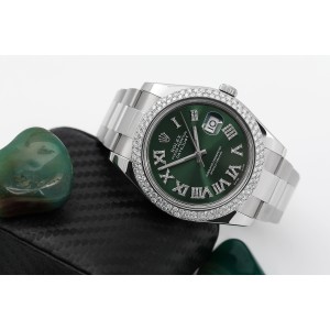 Rolex Datejust 41mm Green Roman Numeral Diamond Dial SS Watch Diamond Bezel