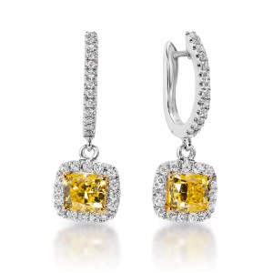 Madeleine   Carat Cushion Cut Diamond Leverback Earrings with yellow diamonds in 14k White Gold