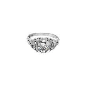 Art Deco 18 Karat White Gold Filigree Centre Ring Old European Cut Diamond Ring