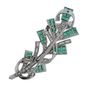 Tiffany & Co. Platinum Diamond Emerald Brooch Pin