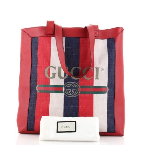 Gucci Logo Tote Striped Canvas and Leather Medium