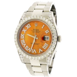 Rolex Datejust II Steel 41mm Watch Diamond Bezel/Lugs/Fire Orange MOP Roman Dial 116300 Box Papers