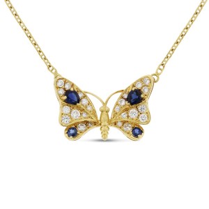 18K Yellow Gold Diamond & Sapphire Butterfly Pendant Necklace 