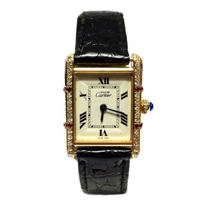 Cartier Must de Cartier Tank Vermeil 18K Yellow Gold Plated Sterling Silver Leather Diamond & Ruby 22.50mm Watch