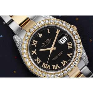 Rolex Datejust 41 Stainless Steel and 18k Yellow Gold Watch Factory Black Roman Dial Custom Diamond Bezel and Diamond Case 