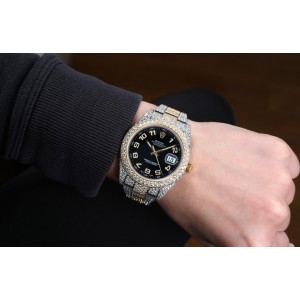 Rolex Datejust 41 Custom Diamond Two Tone Watch Oyster Band Black Arabic Numerals Dial