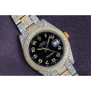 Rolex Datejust 41 Custom Diamond Two Tone Watch Oyster Band Black Arabic Numerals Dial