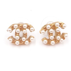 Chanel CC Gold Tone & Simulated Glass Pearl Piercing Earrings