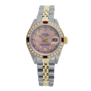 Rolex Datejust 6917 Two Tone Ice Pink Dial Ruby & Diamond 26mm Womens Watch