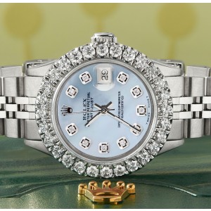 Rolex Datejust Steel 26mm Jubilee Watch 2CT Diamond Bezel / Sky Blue MOP Dial