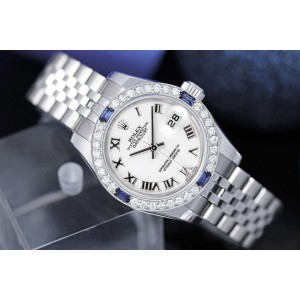 Rolex Ladies Datejust 26mm White Roman Numerals Dial  Diamond/Sapphire Bezel Steel Ladies Watch