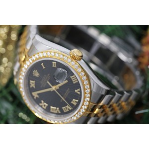 Rolex 36mm Datejust Black Sundust Roman Dial with Diamond Bezel Two Tone Unisex Watch Jubilee Hidden Clasp 