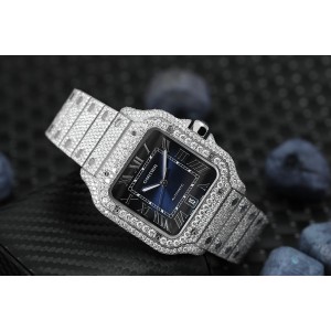Cartier Santos Large Stainless Steel Watch with Custom Diamonds Factory Blue Roman Numeral Dial 