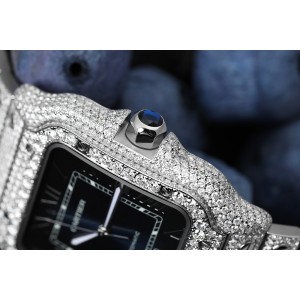 Cartier Santos Large Stainless Steel Watch with Custom Diamonds Factory Blue Roman Numeral Dial 