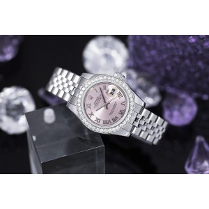Rolex Lady-Datejust Steel Watch Pink Roman Dial Diamond Bezel Ladies Watch