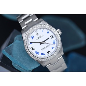 Rolex  Oyster Perpetual White Dial Blue Numerals Ladies Stainless Steel Watch with Diamond Bezel 