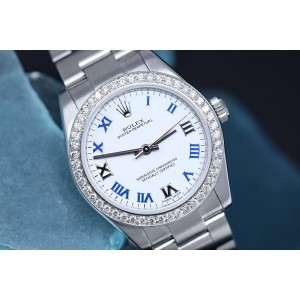Rolex  Oyster Perpetual White Dial Blue Numerals Ladies Stainless Steel Watch with Diamond Bezel 