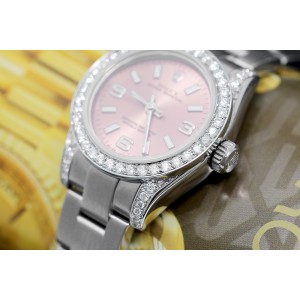Rolex Oyster Perpetual   Stainless Steel Ladies Watch with Diamonds Pink Salmon Dial  