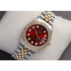 Women's Rolex 31mm Datejust Two Tone Diamond Bezel & Lugs Red Color Dial with Diamonds