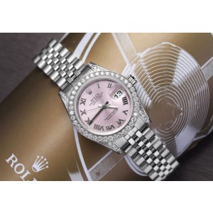 Rolex Datejust 26mm Stainless Steel Pink Roman Dial Diamond Bezel, Lugs Ladies Watch 