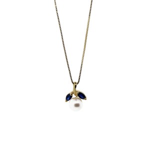 Marquise Sapphires and Fresh Water Pearl Yellow Gold Pendant Necklace