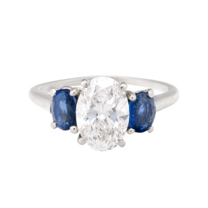 Cartier Platinum 2.01ct Oval Diamond and Blue Sapphires Engagement Ring Size 7 