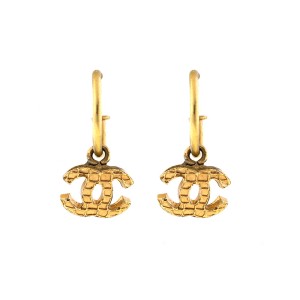 Chanel Gold Tone CC Logo Dangle Hoop Earrings